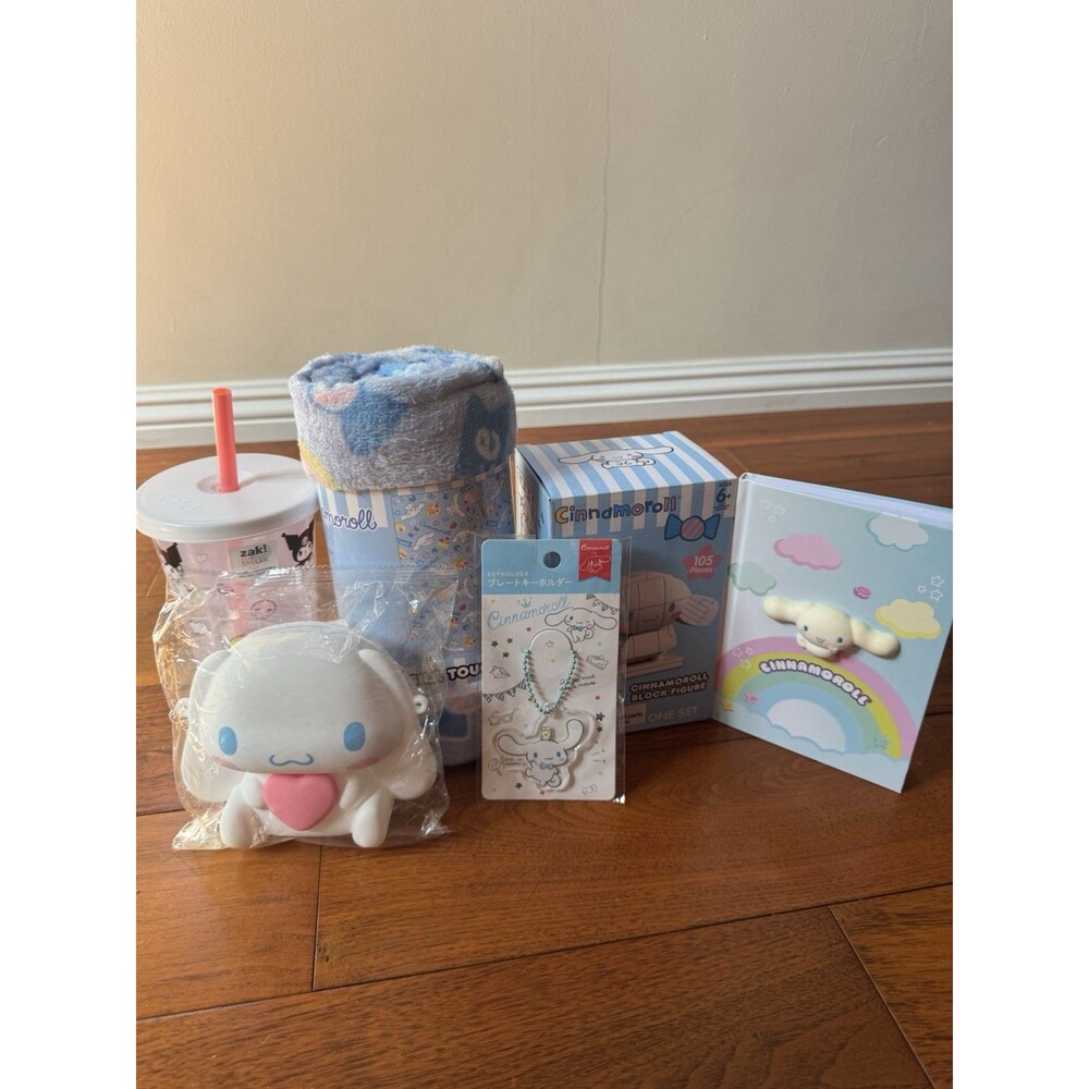 Sanrio Cinnamoroll 6 Piece Bundle Purse Blanket Cup Squishy Notebook And more